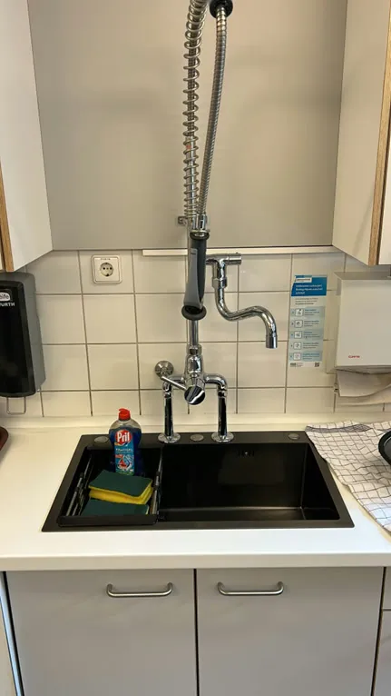 Die neue Gastro-Armatur mit Federzug über dem massiven Spülbecken